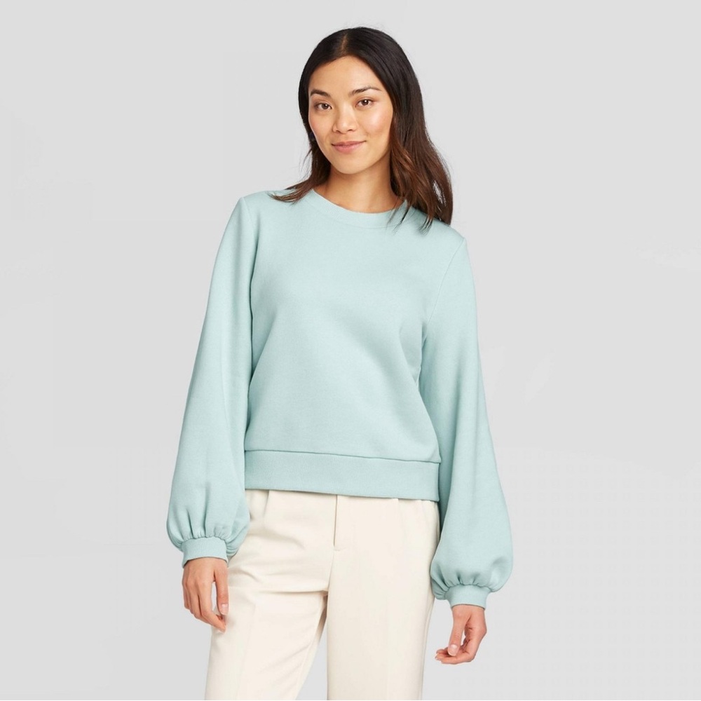 a new day Light Blue Balloon Sleeve Sweatshirt